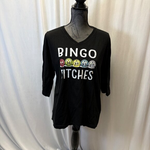 Live and Tell BINGO BITCHES Womens Top Size XL 3/4 Sleeve Black V-Neck Shirt - Picture 1 of 7